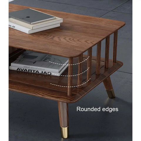Top Shelf Retro Coffee Table For Living Room With Spacious Lower Shelf And Smooth Drawer Slides Mid Century Modern Wood Cocktail Table Featuring Rustic Brown Finish showing rounded edges and books.