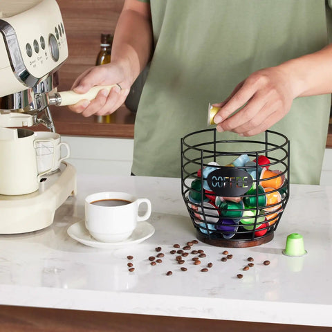 Large Capacity Black Wire Coffee Pod Holder With Wooden Base, Modern Basket Style For Keurig, Dolce Gusto, VertuoLine And Nestle Original Pods on counter