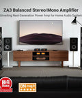 Home theater setup with ZA3 Dual Mode Mini Stereo Amplifier For Home Audio With Mono And Stereo Power Up To 235W Mono And 180W Stereo 48V Power Supply Ideal For Subwoofers Bookshelves Towers And Home Theater Setups displayed on cabinet with speakers