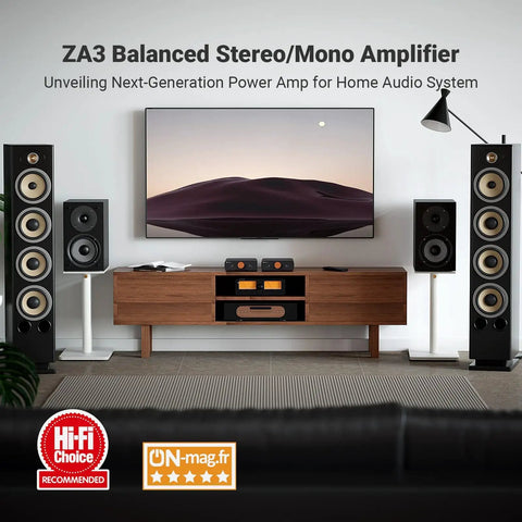 Home theater setup with ZA3 Dual Mode Mini Stereo Amplifier For Home Audio With Mono And Stereo Power Up To 235W Mono And 180W Stereo 48V Power Supply Ideal For Subwoofers Bookshelves Towers And Home Theater Setups displayed on cabinet with speakers