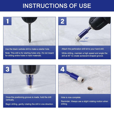 Diamond drill bit set (6 pcs) for porcelain and tile; Amazon brand; four-step instruction panels