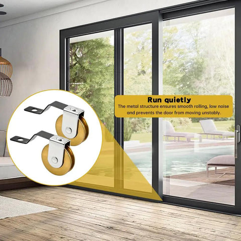 Four Pack Heavy Duty Steel Sliding Screen Door Rollers Replacement With Precision Ball Bearing Wheels For Top And Bottom Tracks gliding smoothly in a modern house interior.