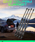 Chevrolet Trailblazer GMC Envoy Oldsmobile Bravada Saab 9 7X Isuzu Ascender Buick Rainier Rear Window Glass And Tailgate Lift Support Gas Struts Set Of 4 Replacement displayed near SUV with open tailgate in scenic mountain view.