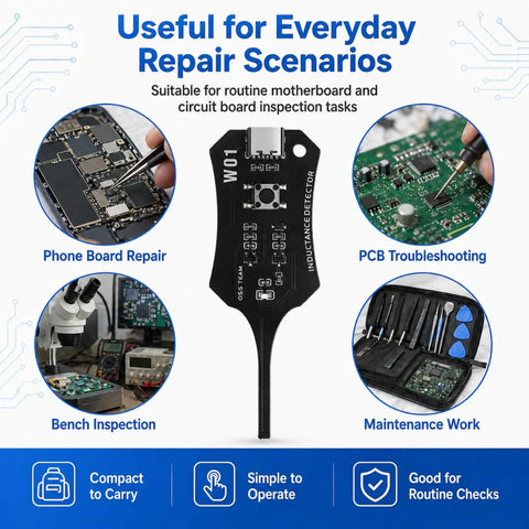 Inductance Tester For PCBs And Motherboard Coils Pro Grade Electronic Circuit Board Detector For PCB Repair And Phone Troubleshooting DIY Friendly Dual Pack Coil Tester W01 Compatible shown with repair scenarios.