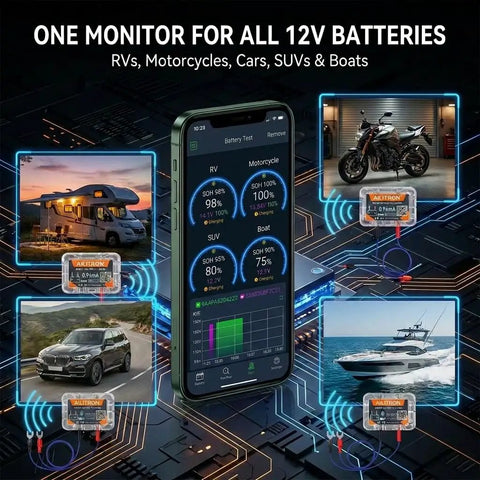 BM6 Bluetooth 12V Battery Monitor and Load Tester for Lead-Acid and Lithium, Wireless Alternator and Charging System Analyzer, Monitor Four Batteries At Once, IP67 Waterproof, 50ft Range, App Alerts, 30-Day Auto Trip Record shown with RV, motorcycle, car, and boat use