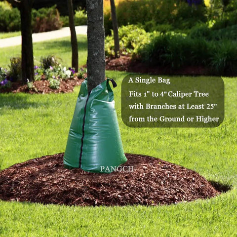 20 Gallon Slow Release Tree Watering Bags Pack Of 3 For Deep Root Hydration on mulched tree base in garden setting