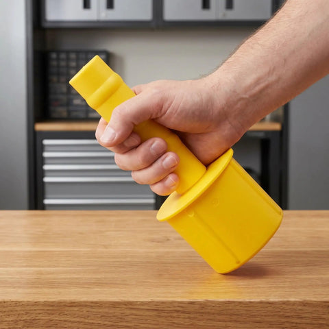 Stretch Film Dispenser Handle With Robust Design Yellow 2 Pack Plastic Wrap Roll Handle For Easy Hand Wrapping And Pallet Moving Supplies Versatile Compatibility Quick Snap On Fit And Strong Grip, hand holding yellow plastic handle