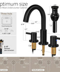 Diagram of 8 to 16 Inches Widespread Matte Black Bathroom Faucet With Two Handles, showing three-hole install and pop-up drain components.