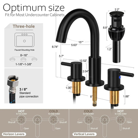 Diagram of 8 to 16 Inches Widespread Matte Black Bathroom Faucet With Two Handles, showing three-hole install and pop-up drain components.