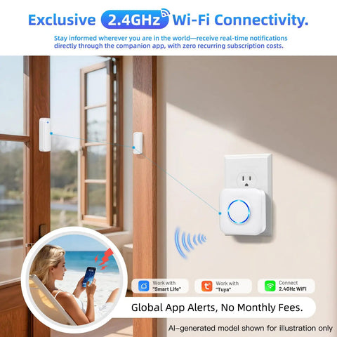 WiFi Door Sensor Chime For Smart Home Open Alert And Window Sensor Real Time App Alerts From Tuya Smart Life Perfect For Child Safety And Dementia Care Loud Chime With Five Volume Levels For Home Or Biz. Wall-mounted Wi-Fi door sensor chime with plug-in receiver and window sensor.