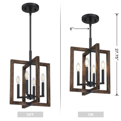 Farmhouse 4 Light Ceiling Fixture With Adjustable Hand Painted Wood Semi Flush Mount Black Finish, side and front view
