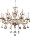 12 Light Crystal Chandelier With Metal Frame, Vintage Raindrop Pendant Ceiling Light, Cognac Finish, 31 Inch Wide By 52 Inch Long Overall