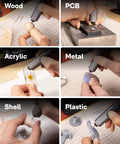 Cordless Electric Mini Drill Pen For Jewelry Making And PCB Crafting Dope Pro Grade 3 Speed Precision Hand Drill in use on various materials like wood, metal, acrylic, shell, and plastic.