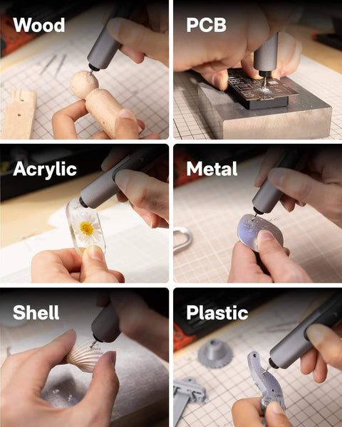 Cordless Electric Mini Drill Pen For Jewelry Making And PCB Crafting Dope Pro Grade 3 Speed Precision Hand Drill in use on various materials like wood, metal, acrylic, shell, and plastic.