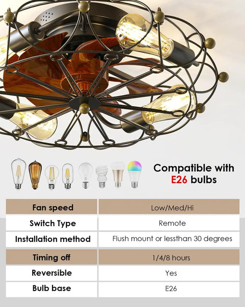 Caged Ceiling Fan With Light Remote Control 5 Bulbs 6 Speeds 20 Inch Black With Reversible Blades, E26 bulb compatibility chart