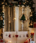Warm White 200 LED Wishing Ball Window Curtain Lights With Remote USB Battery Powered Twinkle Globe Fairy Lights For Wedding Party Bedroom Christmas Decor Cozy Vibe Copper Wire Curtain String Lights on Christmas-themed decorated door.
