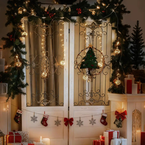 Warm White 200 LED Wishing Ball Window Curtain Lights With Remote USB Battery Powered Twinkle Globe Fairy Lights For Wedding Party Bedroom Christmas Decor Cozy Vibe Copper Wire Curtain String Lights on Christmas-themed decorated door.