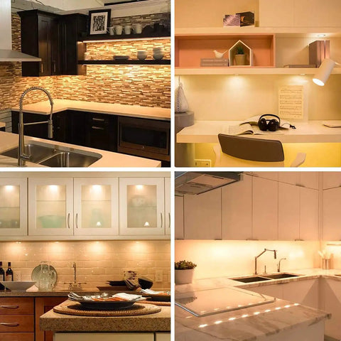 G8 Base 20W Halogen Light Bulbs 120V Under Cabinet Puck Replacements illuminating various kitchen and office setups.