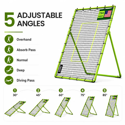 Volleyball Rebounder Net 7x4 Ft With Five Adjustable Angles for solo practice, showing angle options and adjustable positions.