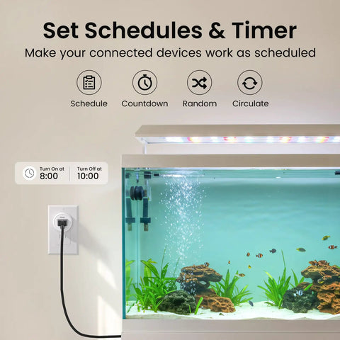 Smart Plug Mini Pack That Works With Alexa And Google Home, WiFi Outlet controlling aquarium light and timer display