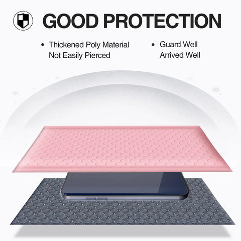 Light Pink Bubble Mailers 8.5x12 Inch 25 Pack Padded Envelopes Self Seal Waterproof Opaque Pro Grade Shipping Bags for Clothes Makeup Supplies Essentials layer demonstrating protection over phone