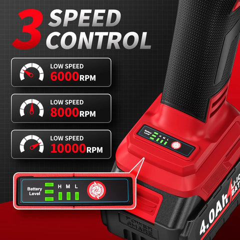 Cordless Angle Grinder Four And A Half Inch Beast Brushless Metal Grinder 12000 RPM with speed settings and battery indicator