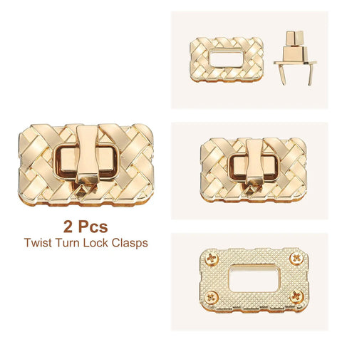 Hella Solid Gold Twist Turn Lock Clasps For Handbags And Purses Heavy Duty Aluminum Alloy with a woven design, 2 pieces.