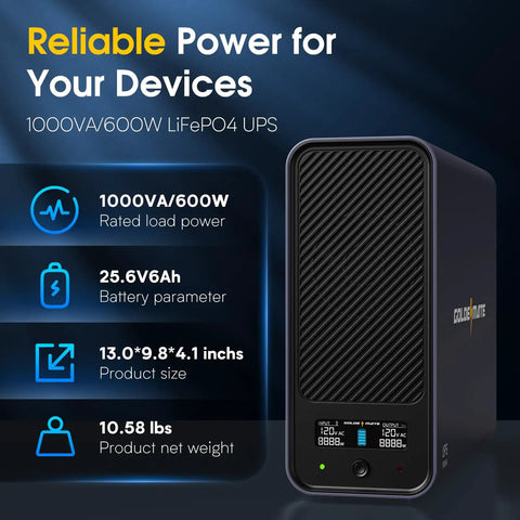 Lithium UPS Battery Backup And Surge Protector 1000VA 600W Sinewave System With LiFePO4 Battery Pro Version LCD Display Gray