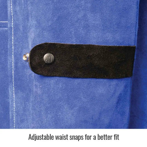 Detail of Blue Cowhide Leather Welding Jacket For Unisex Welders, Heavy Duty Protective Gear with adjustable black waist snap
