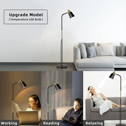 Three Color Temperature Floor Lamp With Adjustable Head And Energy Efficient Nine Watt LED Bulb Included For Living Room Bedroom Office Farmhouse Modern Standing Task Lighting For A Cozy Vibe in a living room setting