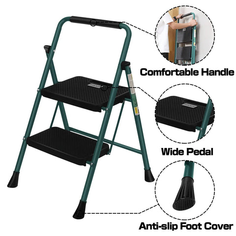 Compact Folding Step Ladder With Wide Anti Slip Pedals, Lightweight Steel Step Stool with handgrip, green, 2 steps
