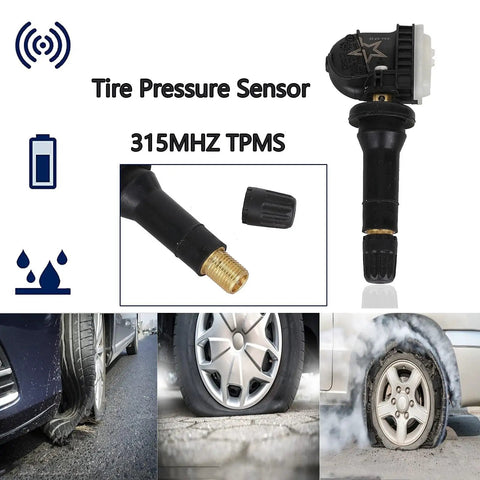 GM TPMS Sensors 315MHz 4 Pack For Chevy Silverado GMC Sierra No Drama Install Tire Pressure Monitoring System Replacement Plug And Play OE Fit Durable Weatherproof Easy Sensor Swap For Reliable Ride Day One, black valve stem sensor with brass tip