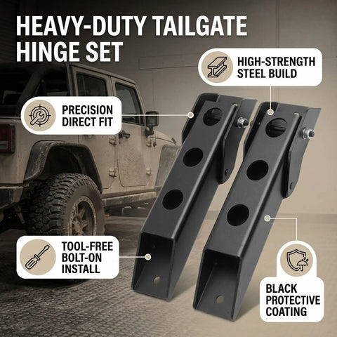 Heavy Duty Tailgate Hinge Set For Jeep Wrangler Jk And Jku 2007 Through 2018 Direct Bolt On Replacement with high-strength steel build.
