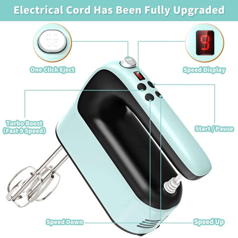 9 Speed Digital Hand Mixer With 400W Kickin Power And Featherlight Build showing digital controls and eject button.