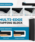 Universal Floor Installation Kit With Tapping Block Double Sided Notches Contour Gauge Pull Bar 40 Pieces Spacers And Rubber Mallet Pro Grade 5 In 1 Tool Set For Vinyl Plank And Laminate Flooring showing multi-edge tapping block with usage scenarios and dimensions.