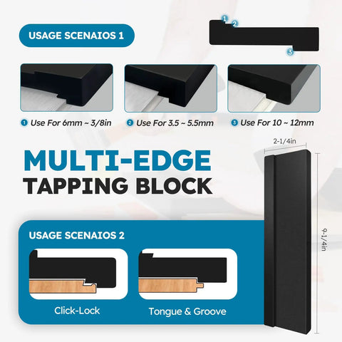 Universal Floor Installation Kit With Tapping Block Double Sided Notches Contour Gauge Pull Bar 40 Pieces Spacers And Rubber Mallet Pro Grade 5 In 1 Tool Set For Vinyl Plank And Laminate Flooring showing multi-edge tapping block with usage scenarios and dimensions.