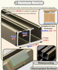 Aluminum door track showcasing dimensions and waterproofing features for Heavy Duty Bypass Sliding Door Kit With Smooth As Butter Rolling Stainless Steel Pulleys Double Barn Track Hardware Handles Two Panels Up To Four Fifty Pounds Quiet Closet Slider Setup Zero Hassle Home Upgrade.