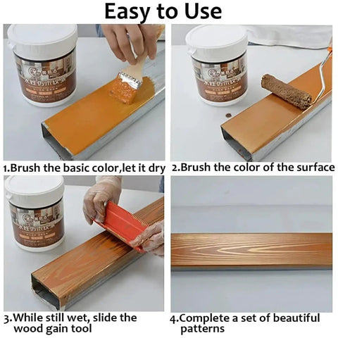 Top Shelf Wood Grain Paint Roller Set For No Sweat Wall And Furniture Refinishing With Slick Flexible Rubber Texturing Brush For Instant Realistic Lumber Vibe, instructional image showing painting steps.