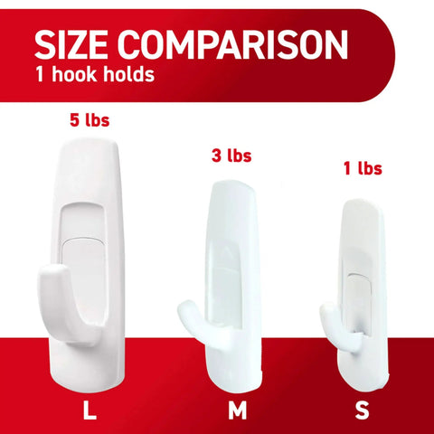 Size comparison of large 5 pound utility hooks with adhesive strips, 7 hooks and 12 strips, damage free hanging wall hooks.