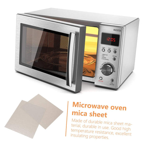 Microwave with open door and Mica Sheet Microwave Waveguide Cover Kit 12 Piece Heat Resistant Insulation Plate visible