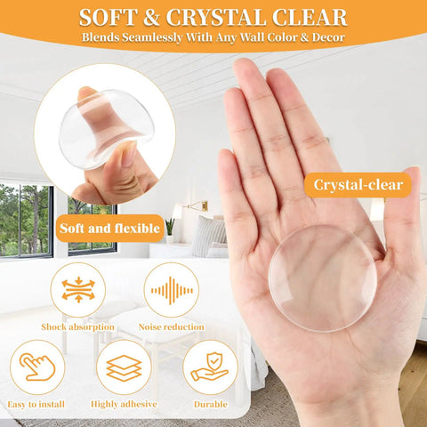 Clear Rubber Door Stopper Set With Self Adhesive Bumpers For Walls And Cabinets held in hand, showcasing transparency and flexibility