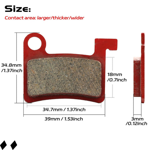 Two Pairs MT600 Electric Bike Disc Brake Pads For LD-200PLUS And LD4X Hydraulics, showing dimensions and size in close-up