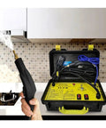 Massive 3200W High Pressure Steam Cleaner, handheld unit with steam gun, used for cleaning kitchen appliances and range hoods.