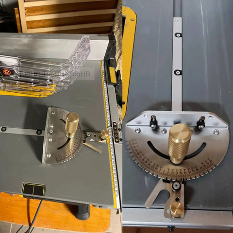 Rock Solid Upgraded Miter Gauge With 27 Tight Angle Stops and Smooth Adjustable Aluminum Head for Table Saw Crosscuts, silver metal parts.