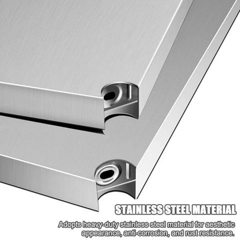 Close-up of Heavy Duty Stainless Steel Shelving Unit Badass Three Shelf Storage Rack For Kitchen Garage And Commercial Office showcasing sleek silver material.