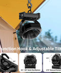 Camping Fan With Light 20000mAh Rechargeable Battery hanging in tent, showcasing hook and adjustable tilt features.