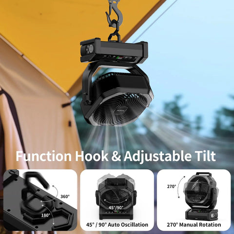 Camping Fan With Light 20000mAh Rechargeable Battery hanging in tent, showcasing hook and adjustable tilt features.