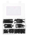 Heavy Duty Aluminum Bed and Crib Screws Kit 141 Pcs showing organized black bolts and nuts inside clear storage box.