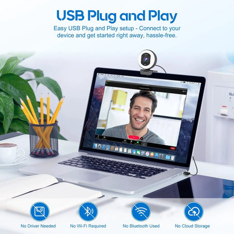 Next Level 4K Webcam With Adjustable Ring Light And Crisp Built In Microphone For Live Streaming on laptop with USB setup.