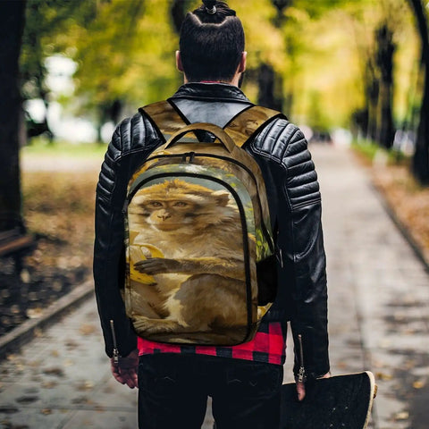 Person wearing Jungle Monkey Banana Printed Unisex Backpack With Large Capacity, Durable Polyester Daypack For School And Travel
